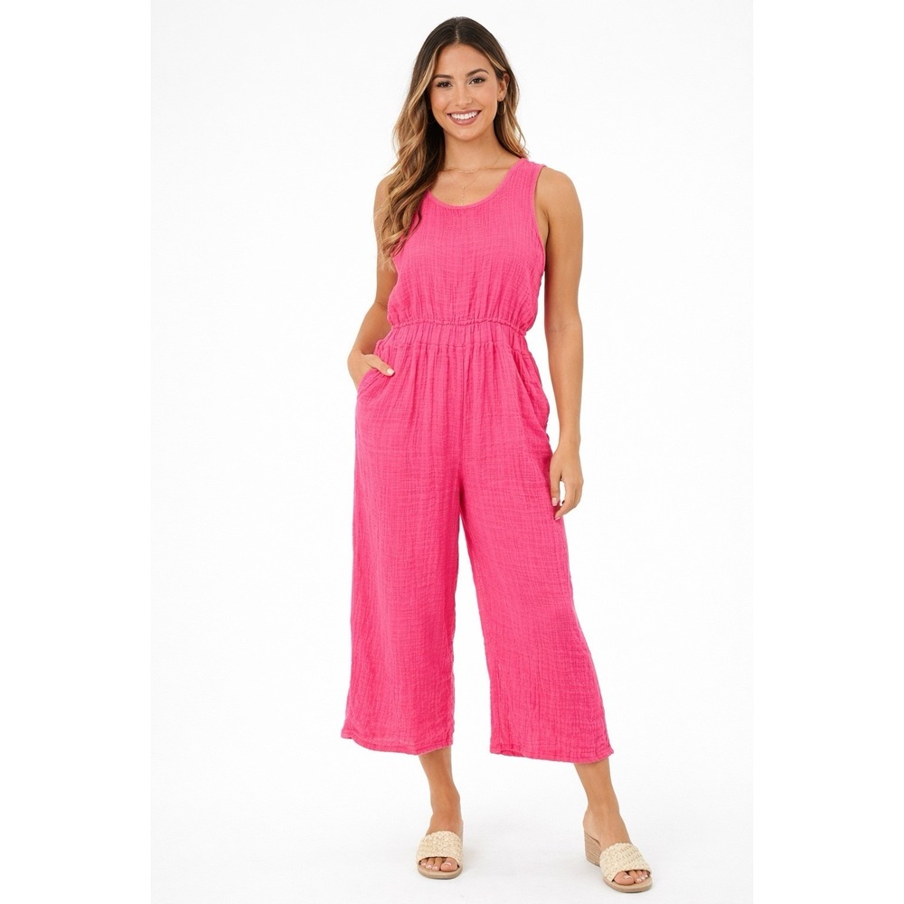 Pink Lily Gauze Jumpsuit XL Pink Sleeveless Wide Leg Romper Boho Summer